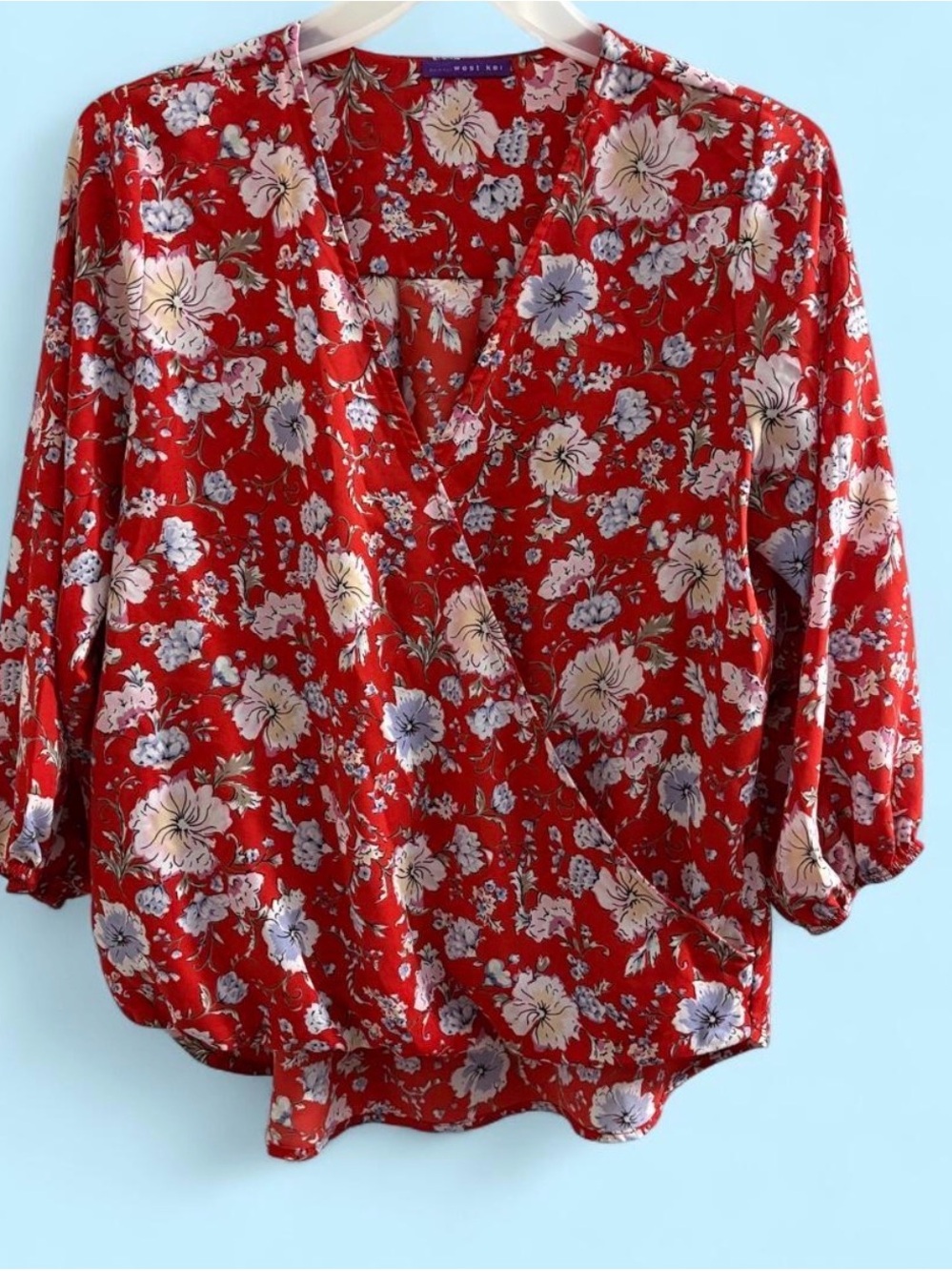 West Kei Red Floral Wrap Blouse